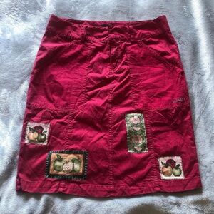 Upcycled slow stitch Hurley Red burgundy apple patch midi pencil skirt